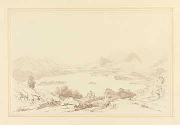 Yleinen näkymä Derwent Water -järvelle (kynä ja muste wc:llä grafiitin päällä kudottupaperilla)
