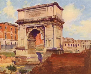 Rooma: Forum, Tituksen kaari, Colosseum (värilitografia).