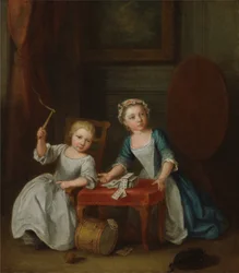 Kaksi Nollekens-perheen lasta, luultavasti Jacobus ja Maria Sophia, leikkivät toppia ja pelikortteja, 1745