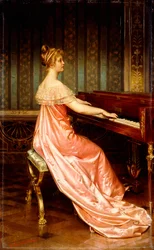 Tyylikäs nainen istuu Piano-Fortessa,