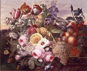 Kukkien ja viinirypäleiden asetelma, 1880