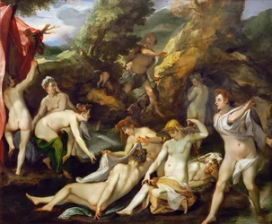 Barokki : Diane et Acteon - Diana ja Actaeon par Heintz, Joseph, vanhempi (1564-1609), n. 1595. Öljy kuparille, 40x49. Taidehistoriallinen museo, Vienne
