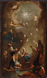 Pyhän Hengen laskeutuminen (helluntai) - Joseph Ignaz Mildorferin (1719-1775) maalaus, öljy kankaalle, noin 1750 - (Pyhän Hengen laskeutuminen (helluntai), J.I.Mildorferin öljy kankaalle, n. 1750) - Magyar Nemzeti Galeria (Unkari)