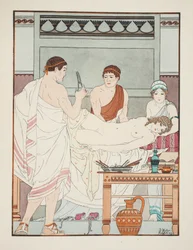 Gynekologinen tutkimus, kuvitus teoksesta "Hippokrateen teokset", 1934