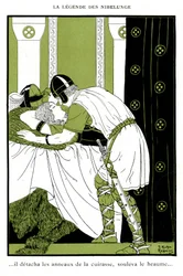 Nibelungen legenda: Siegfried syleilee Walkyrie Brunnhildea (kromolitografia)