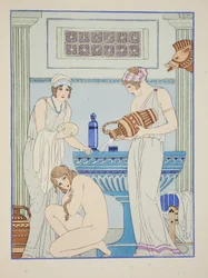 Veden kaataminen potilaan päälle, kuvitus teoksesta "The Works of Hippocrates", 1934