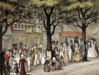 Kävele bulevardilla Pariisissa vuonna 1819 Joseph Louis Bellangen (1800-1866) akvarelli 1819 Paris, Musee Carnavalet