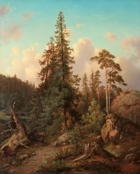 Metsämaisema ja nainen keräämässä puuta