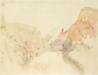 Traben-Trarbachin linna Moselilla, n. 1844 (kynä ja akvarelli paperille)