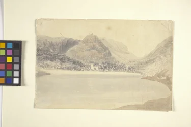 Grassmere Lake and Church (akvarelli lyijykynällä luonnonvalkoiselle paperille)