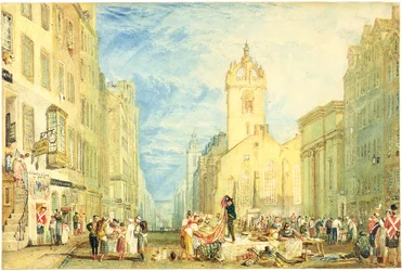 High Street, Edinburgh, n. 1818 (akvarelli, kynä, muste, grafiitti ja raapiminen kudospaperille)