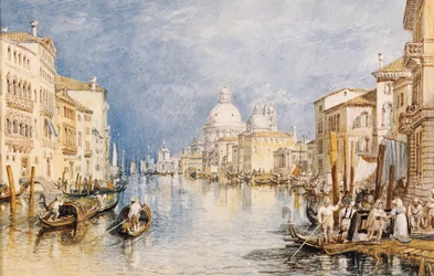Canal Grande Venetsiassa, gondoleja ja hahmoja etualalla, n. 1818