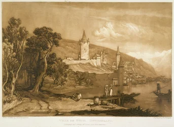 Thunin kaupunki Liber Studiorum -teoksesta, kaivertaja Thomas Hodgetts, 1816.