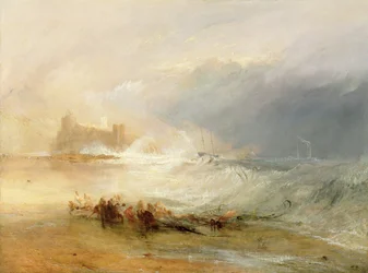 Hylkyrosvot - Northumberlandin rannikko, höyrylaiva avustamassa rannikon edustalla olevaa laivaa, 1834