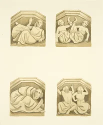 Neljä ristikkoa pohjoisen kuistilla (alunperin tukipatsaat) St Mary Redcliffe (akvarelli paperille)