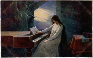 Musiikki. Viimeinen sointu. Kuoleva nainen pianon ääressä. Kuvitus Josef Mathauser, Tšekki, n. 1910 (postikortti)