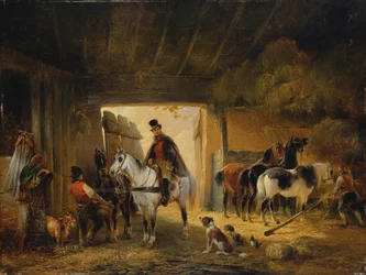 Ratsastaja juottaa hevostaan tallissa, 1840
