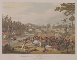 Rangoon: The Storming yksi tärkeimmistä Stockadesista 8. heinäkuuta 1824, levy 15 "Rangoon Viewsista", kaiverrus George Hunt, 1825 (akvatinta)
