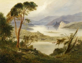 Oberwesel Schonburgin linnan kanssa Reinin rannalla, 1840