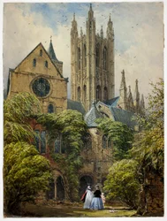 Professori, nainen, lapsi ja koira katedraalissa lähellä