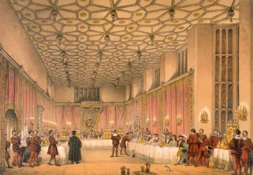 The Chamber, Hampton Court, julkaisusta "Architecture of the Middle Ages", julkaistu 1838
