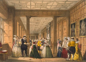 Galleria Hatfield Housessa, Hertfordshire, julkaisusta "Architecture of the Middle Ages", julkaistu 1838