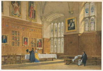 Piirros, Näkymä Magdalen Collegen ruokasaliin, Oxford, 1856.