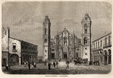 Havannan katedraali, Kuuba, Navletin piirustus kuvaamaan matkaa Kuuban saarelle vuonna 1859, kirjoittaja Richard Dana (1815-1882). Kaiverrus "" Le tour du monde, nouveau journal des voyages"" Paris