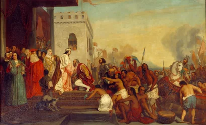 Espanjan kuninkaat Ferdinand II Aragonia ja Isabella 1. Kastilia (kutsutaan katoliseksi) vastaanotto Christopher Kolumbuksen (1451-1506) Barcelonassa vuonna 1493. Tutkija palaa vangittujen intiaanien kanssa. Joseph Nicolas Robert Fleuryn (1797-1890) maalau