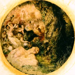Kiekko poistaa aasin pään pohjasta, tutkimus "Oberonin ja Titanian sovinto", n. 1847 (öljy kankaalle laitettu alukseen) (katso myös 68759)