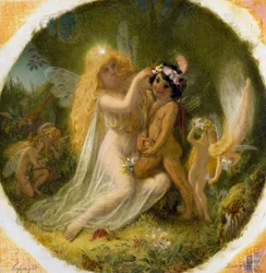 "Titania, keijujumalien prinsessa, ja nuori intiaani, jonka hän on ottanut palvelijakseen" Kuvitus William Shakespearen teokseen "Juhannusyön unelma". Joseph Noel Patonin (1821-1901) maalaus Yksityiskokoelma.