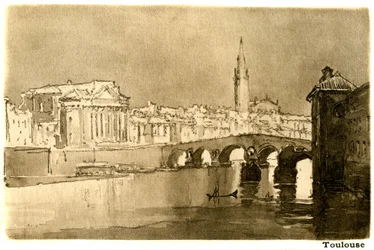 Toulouse, Garonne. Kaiverrus Joseph Pennellin (1857-1926) akvarellin mukaan, joka kuvittaa Henry Jamesin kirjaa "A little tour in France", Heinemann 1900 (ranskankieliset nimet: "Voyage en France" ja "Un petit tour en Languedoc").
