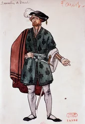 Faustin hahmon puku Hector Berliozin Faustin kadotus -teoksessa, luonnos Joseph Porphyre Pinchon (1871-1953).