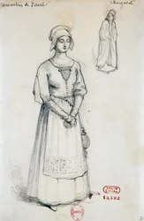 Hector Berliozin Faustin kadotus -teoksen Margaretin hahmon puku, Joseph Porphyre Pinchonin (1871-1953) luonnos.