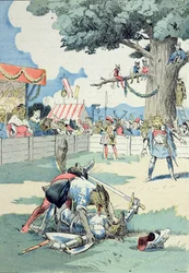 Renardin ja Ysengrinin välinen taistelu, G. Le Cordierin teoksesta "Mestari Renardin seikkailut", noin 1900 (värilitro).