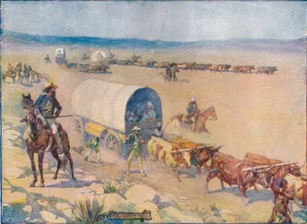 Bullock-Waggons haavoittui hitaasti Billowy Plainsin yli, c1908, c1920.