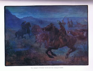 Hevosten kavioiden tallotus ja karjan alaslasku, 1910