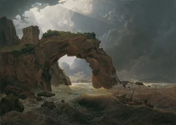 Myrsky merellä Arco di Misenon luona lähellä Miliscolaa, näkymä kohti Nisidaa