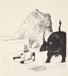 Parsee alkaa syödä kakkuaan asumattomalla saarella, kuvitus Rudyard Kiplingin pubin "Just So Stories for Little Children" -teoksesta. Lontoo, 1951
