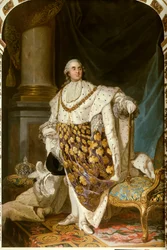 Muotokuva jalassa Ranskan kuningas Ludvig XVI pyhässä puvussa (1754-1793) Hänellä on Pyhän Hengen ritarikunnan kaulakoru (Pyhä Henki) - Maalaus Joseph Siffred Duplessisin (1725-1802) ateljeesta (Joseph- Siffrede, Joseph-Siffrede, Joseph Si