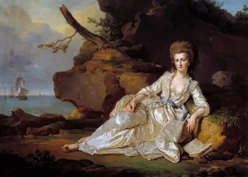 Muotokuva Chartresin herttuattaresta (1753-1821) Pyhän Hengen aluksen läsnä ollessa, joka vie Chartresin herttuan Ouessant-taisteluun Joseph Siffred Duplessisin (1725-1802) maalauksen (Joseph-Siffred, Joseph Siffrede, Joseph) Siffrede, Jose