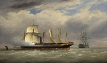 SS "Iso-Britannia" höyryssä ja purjehtien, tervehtien sotalaivaa