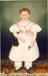 Tyttö verkkokuvioineen ja ruusuineen, noin 1840 (öljy kankaalle).