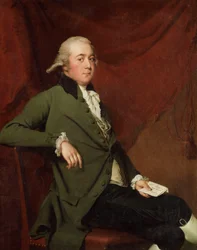 Muotokuva Edward Abneysta, istuu kolme neljäsosaa, vihreä takki, pitelee kirjettä punaista verhoa vasten, 1780-luvun loppu