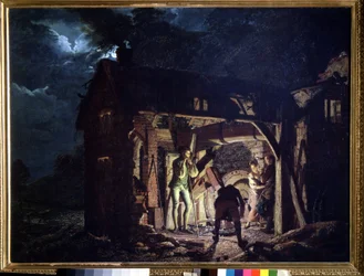 Takomo (A forge). Joseph Wrightin maalaus Derbystä (1734-1797). Öljy kankaalle