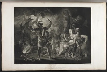 Macbeth.
Neljäs näytös. Kohtaus I.
Pimeä luola. Keskellä kiehuva kattila. Kolme noitaa. Macbeth. Hekate.
Macbeth kohtaa noidat ja ilmestykset; hänen jalkojensa juurella, käärmeen sisällä, seisovat pieni verinen lapsi ja lapsi, jolla on kruunu ja joka pi