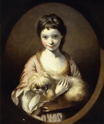 Muotokuva neiti Emilia Vansittartista, puolipitkä, yllään vaaleanpunainen ja valkoinen mekko koiraa kädessään, n. 1767-68