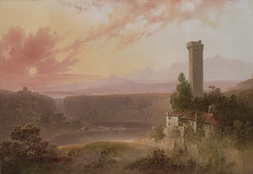 Näkymä Nemi-järvelle auringonlaskun aikaan, n. 1840-50