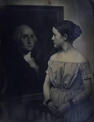 Tyttö George Washingtonin muotokuvalla, n. 1850. Tekijät: Josiah Johnson Hawes, Albert Sands Southworth.
