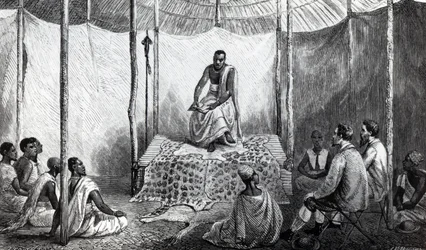 Kamrasin ensimmäinen Raamatun oppitunti, kuvitus John Hanning Speken "Niilin lähteen löytämisen päiväkirjasta", julkaistu vuonna 1864